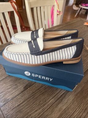 Sperry Navy & Cream Striped Penny Loafers